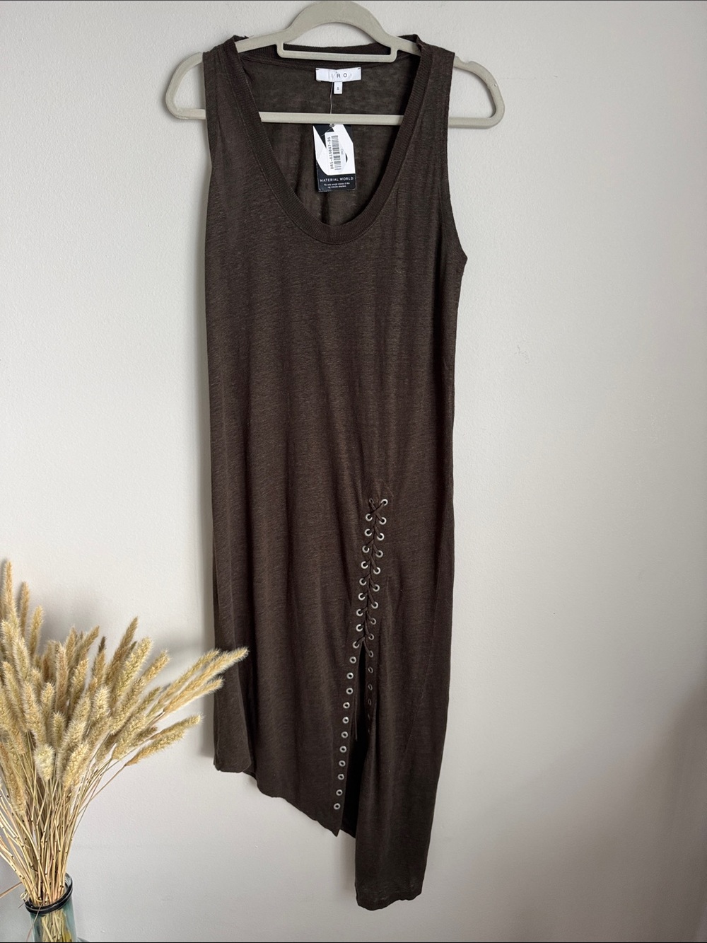 IRO Karossi Asymmetrical Linen Dress Brown Lace-Up Side Slit Sleeveless Size S - Picture 8 of 13